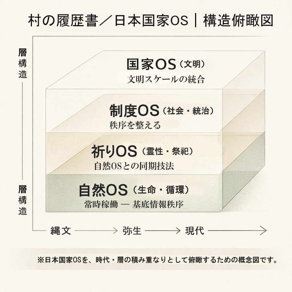 日本国家OSにおける祈りOS（分散同期）と国家OS（制度運用）が同時稼働する構造を示した参照図
