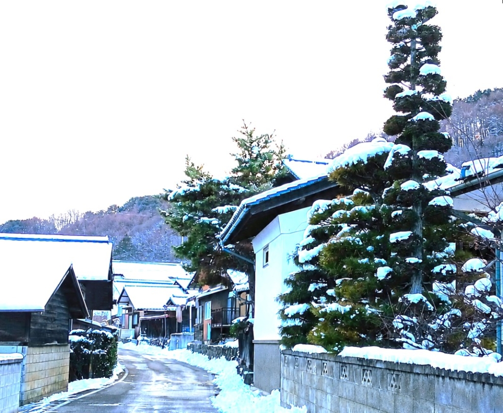 佐久穂町高野宿の旧道沿いの町並みと山へ続く道筋
